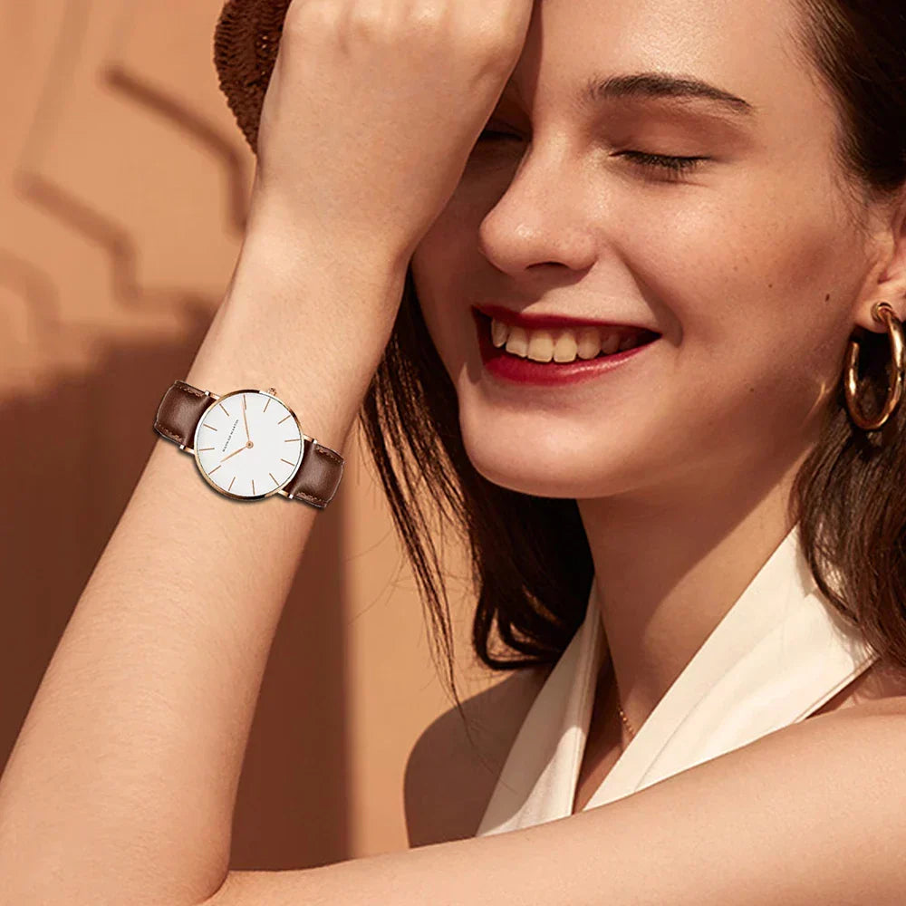 Fashion Glam | Round Timeless Minimalistic Watch With Leather Strap For Women