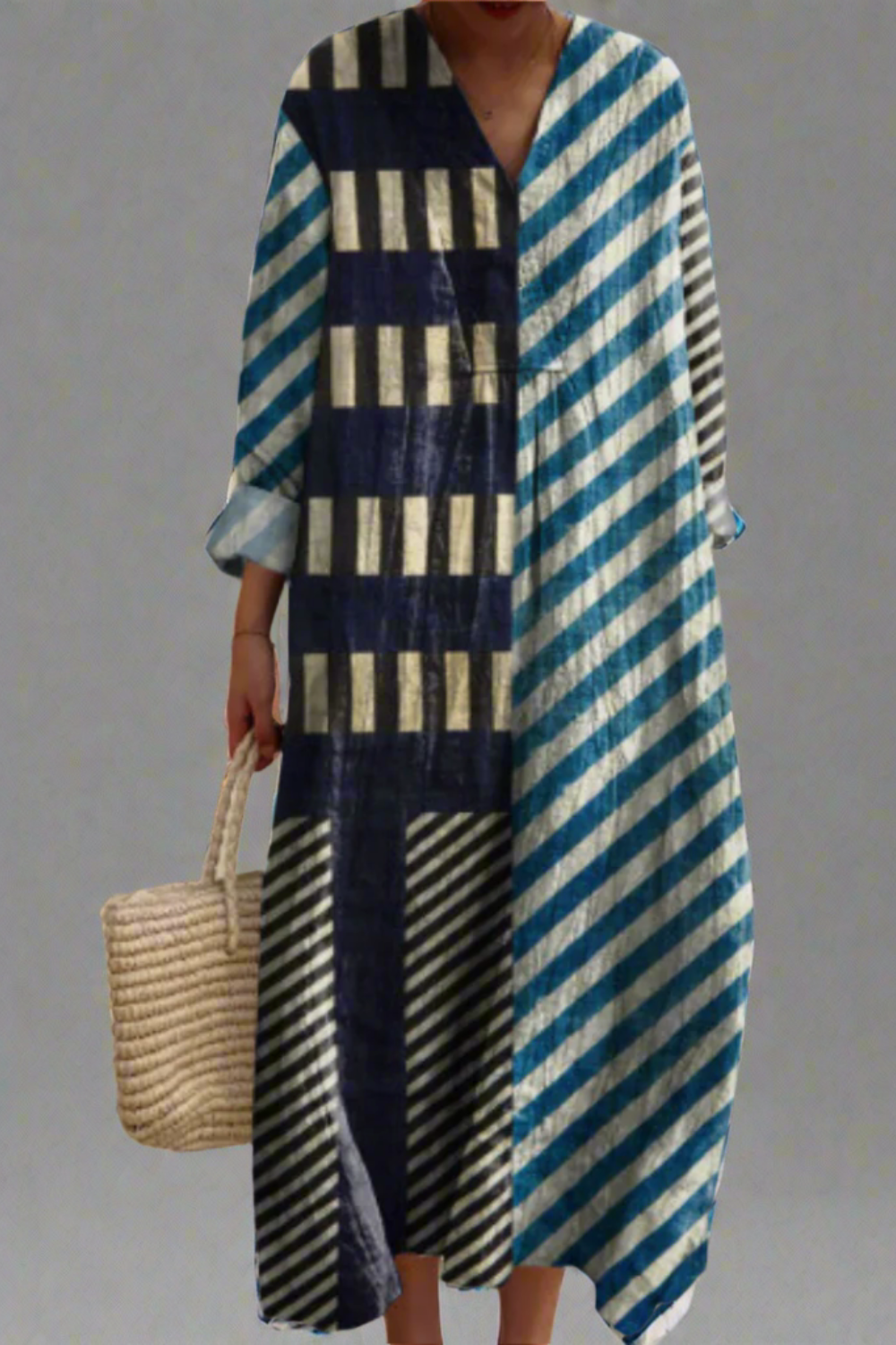 EMERSYN – MODERN PATCHWORK STRIPED MIDI DRESS