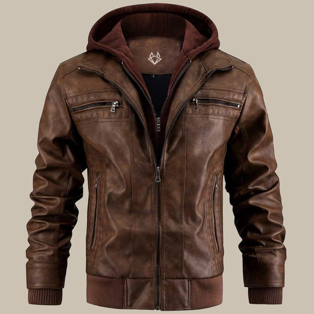 Fashion Glam | Premium high-quality leather jacket with hood for men