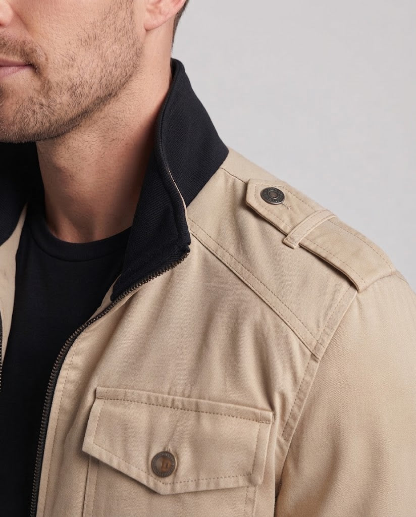 Men's Field Jacket with Stand-Up Collar Check Inner Lining and Epaulettes Fashion Glam