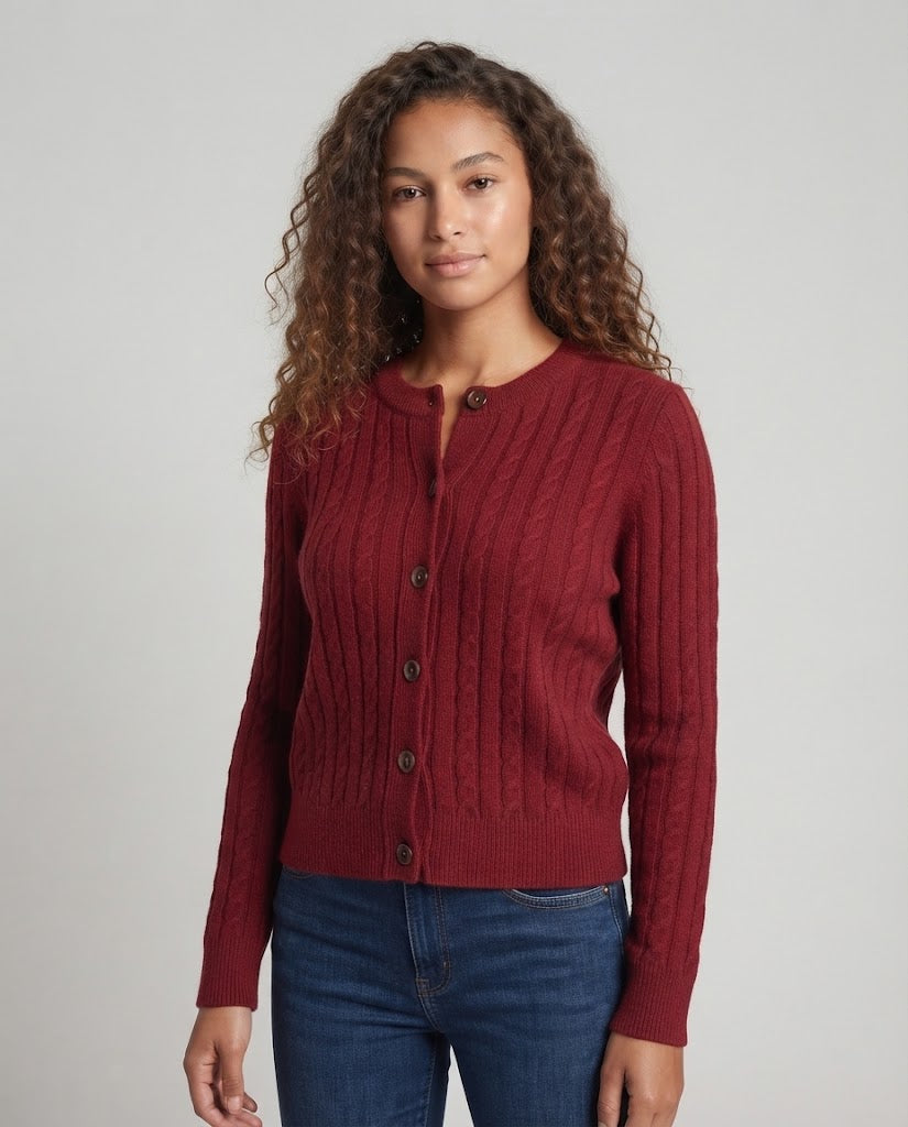 Women's Short-Cut Cable Knit Cardigan with Drawstring and Horn Button Placket Fashion Glam