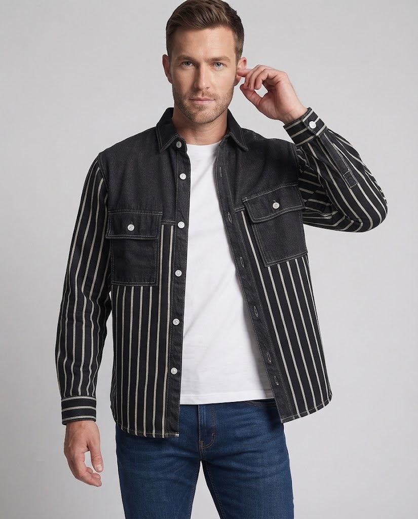 Men's overshirt in utility look with denim trim and vertical stripes Fashion Glam