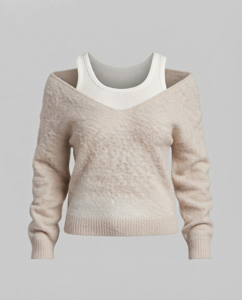 Women's Oversize Knit Sweater with One-Shoulder Layering and Fluffy Mohair Look Fashion Glam