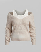 Women's Oversize Knit Sweater with One-Shoulder Layering and Fluffy Mohair Look Fashion Glam