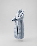 Women's ultra-lightweight midi quilted coat with extended back, innovative climate insulation, and windproof outer shell
