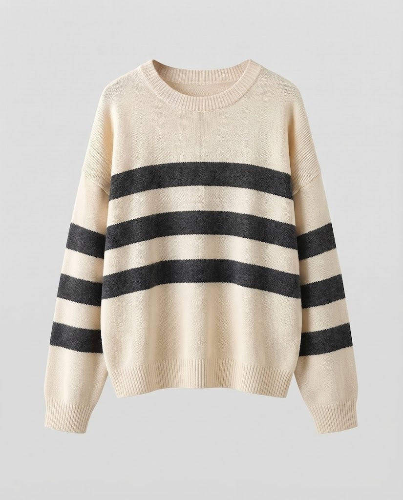 Ladies Striped Fine Knit Sweater with Round Neck, Dropped Shoulder and Loose Silhouette Fashion Glam