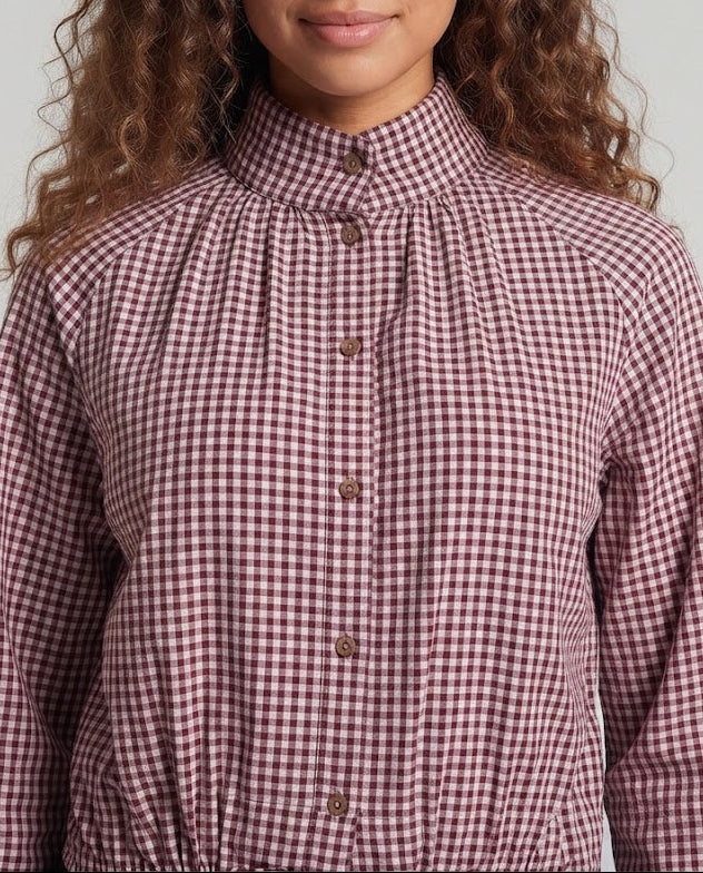 Women's Buttoned Cropped Blouse in Vichy Check with High Stand Collar and Drawstring