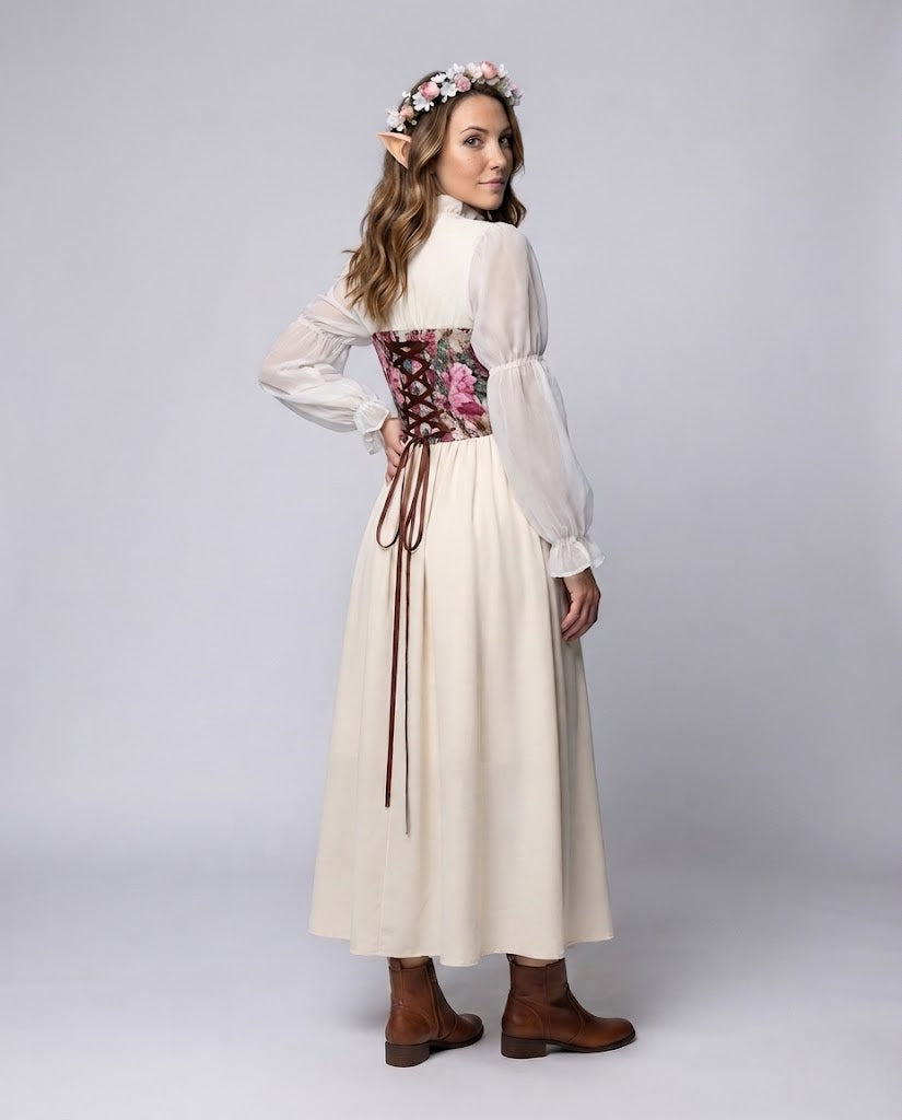 Ladies romantic maxi dress with floral design and transparent puff sleeves Fashion Glam