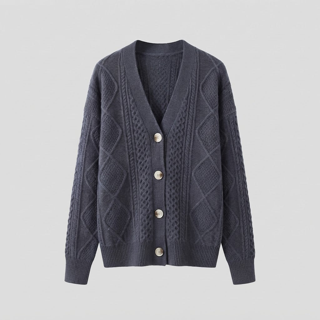 Women Fine Wool Blend Cardigan with Cable Pattern, V-Neck and Pearl Buttons Fashion Glam