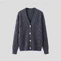 Women Fine Wool Blend Cardigan with Cable Pattern, V-Neck and Pearl Buttons Fashion Glam