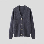 Women Fine Wool Blend Cardigan with Cable Pattern, V-Neck and Pearl Buttons Fashion Glam