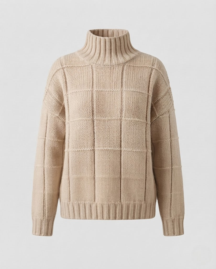 Women Checked Fine Knit Mock Neck Sweater with Boxy Oversize Silhouette Fashion Glam
