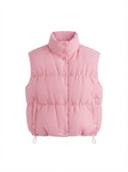 Ladies' puffy insulation vest with square construction and high stand-up collar