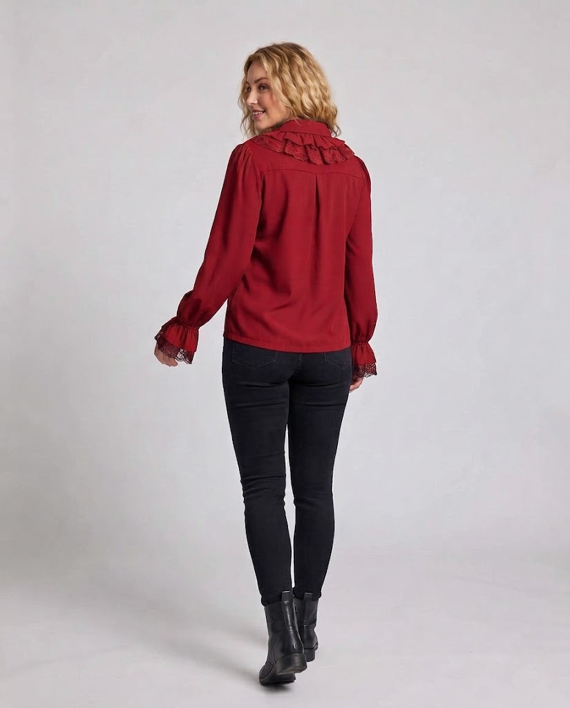 Women's Ruffled Blouse with Elegant Lace Accents Fashion Glam