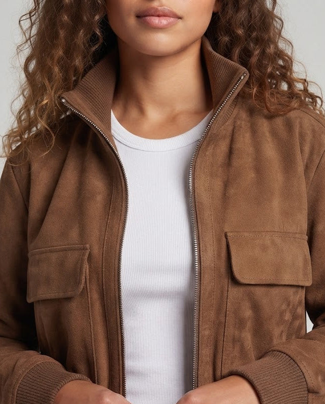 Women's suede bomber jacket with ribbed collar and patch pockets Fashion Glam
