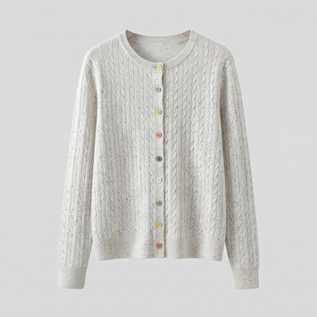 Women's fine knit cardigan with cable pattern and colorful buttons Fashion Glam