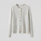 Women's fine knit cardigan with cable pattern and colorful buttons Fashion Glam