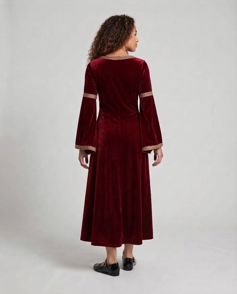 Women Historical Velvet Dress with Flared Sleeves and Decorative Collar Fashion Glam