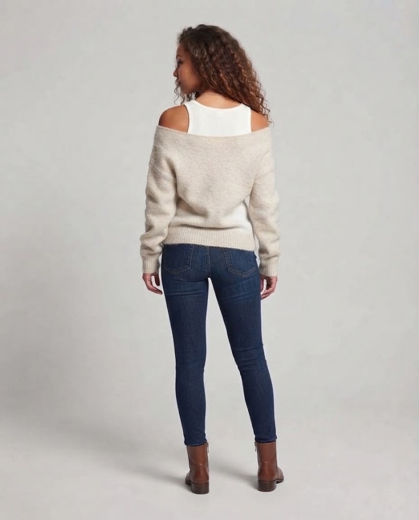 Women's Oversize Knit Sweater with One-Shoulder Layering and Fluffy Mohair Look Fashion Glam