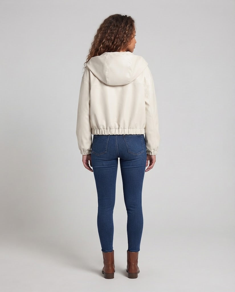 Women's Cropped Hooded Jacket in Blouson Style with Waist Gathering Fashion Glam
