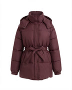Women's mid-length quilted winter coat with tie belt, high stand-up collar and snap button placket