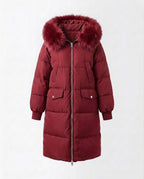 Women's longer padded hooded coat with removable fur trim and two-way zip