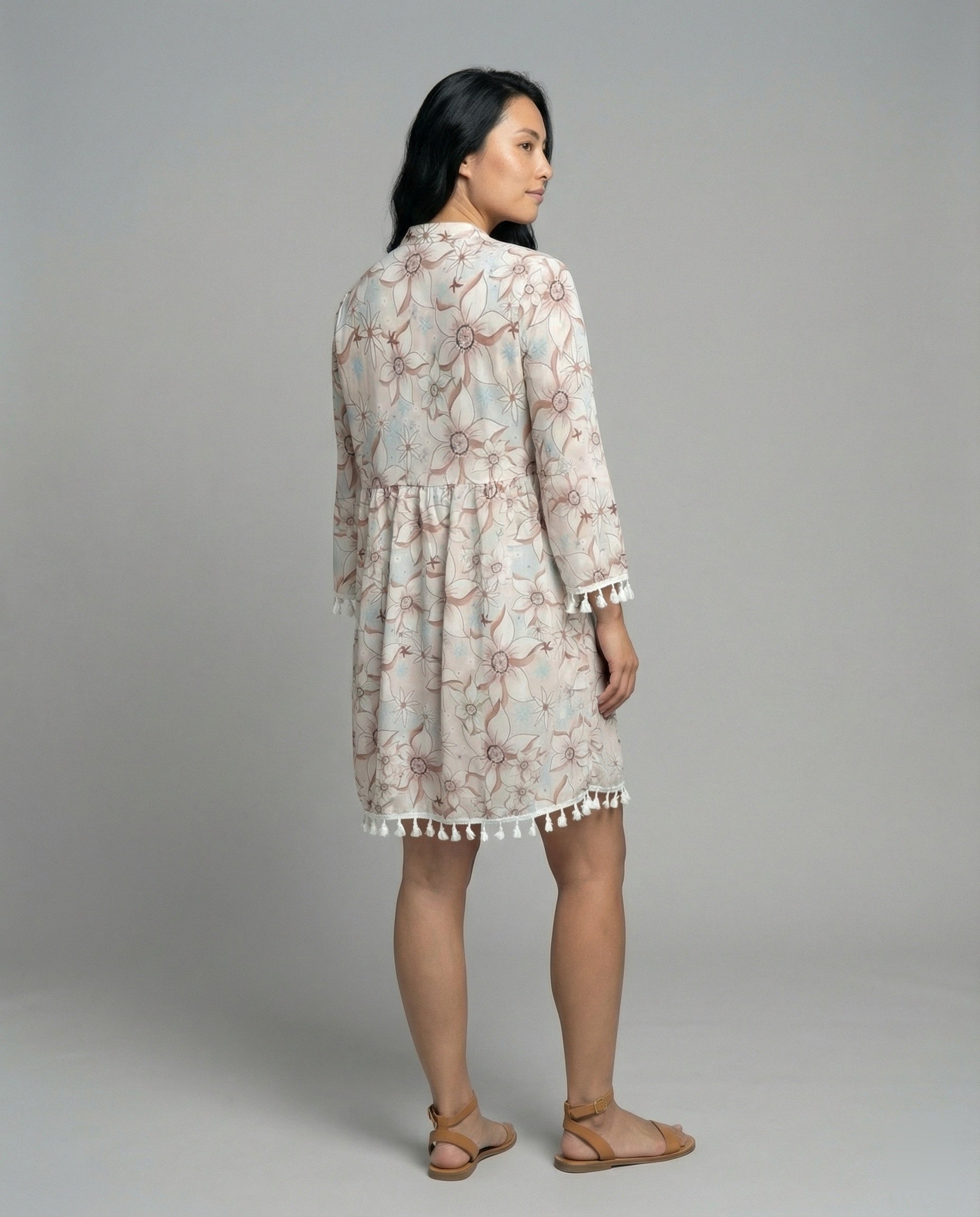 Women's beach dress with high collar and romantic floral pattern