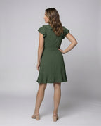 Women's wrap dress with voluminous ruffle details and waist belt