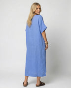 Women's casual linen maxi dress with V-neck and wide-cut sleeves