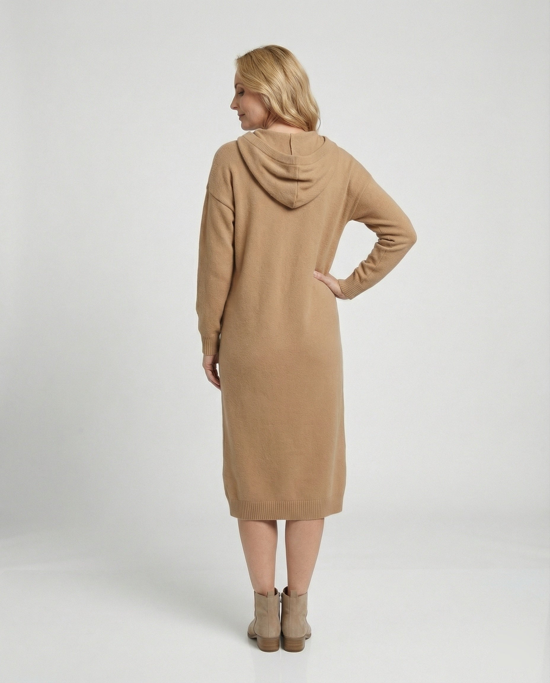 Women's hoodie dress made of soft knit material with button placket and hood