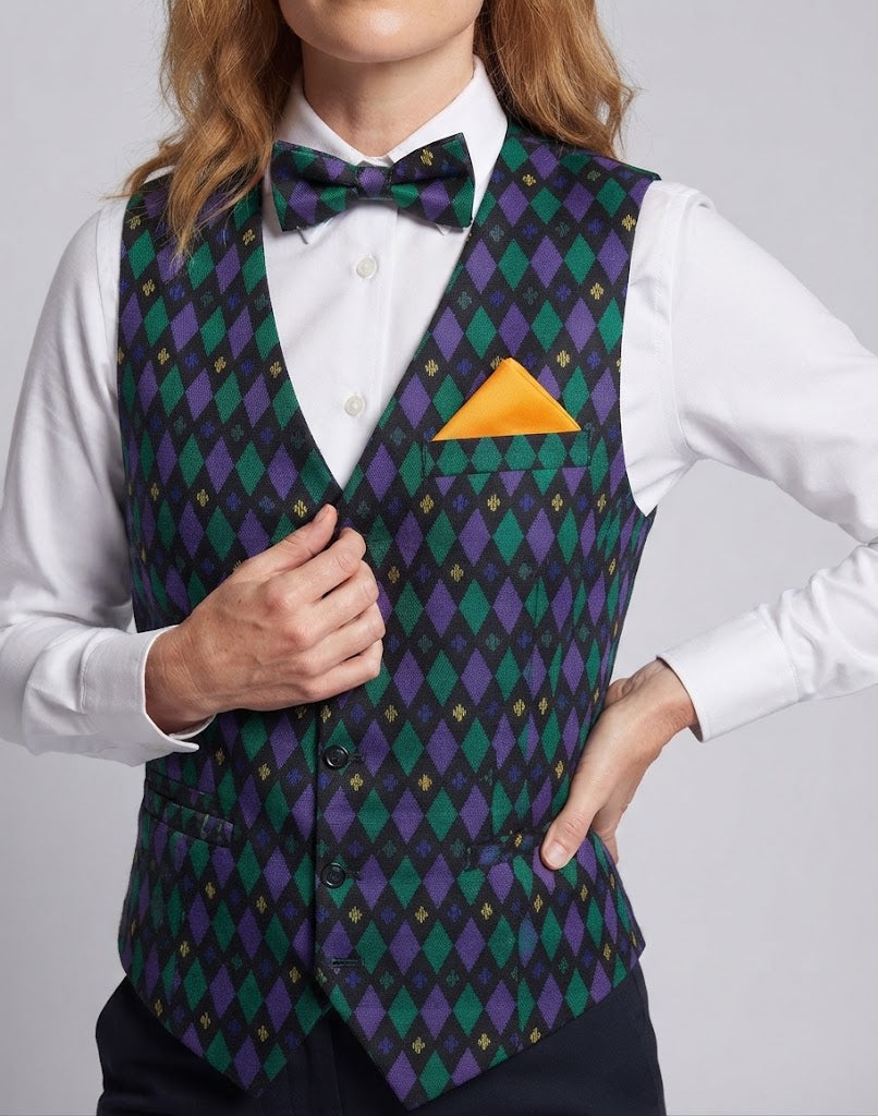 Ladies festive waistcoat with colorful checked pattern and matching accessories Fashion Glam