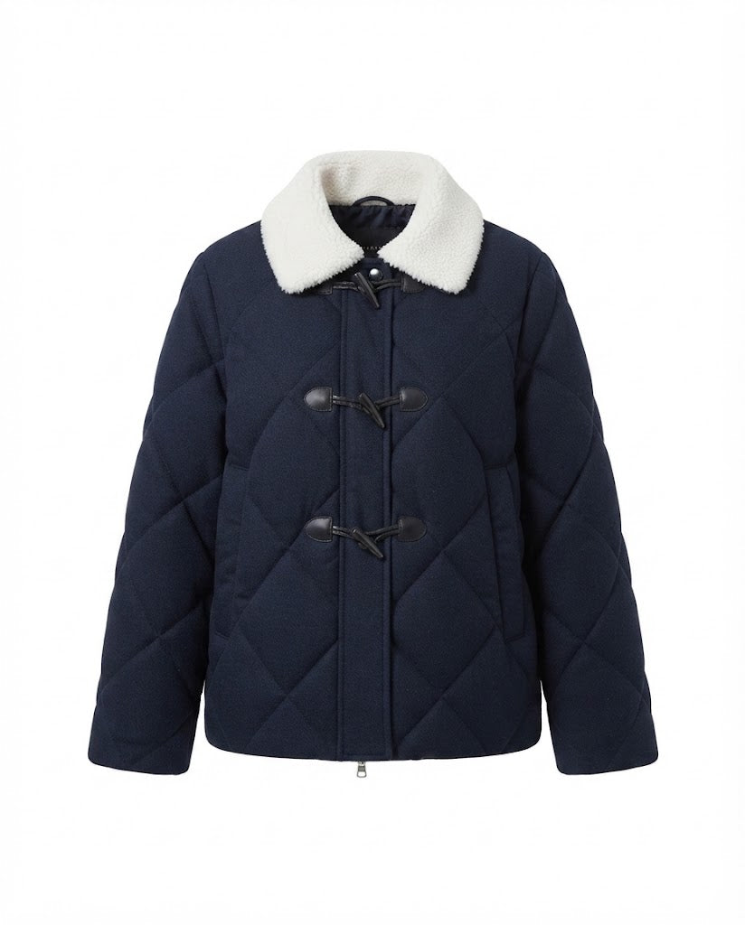 Women's short quilted puffer jacket with teddy collar, toggle and two-way zipper