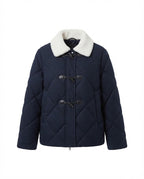 Women's short quilted puffer jacket with teddy collar, toggle and two-way zipper