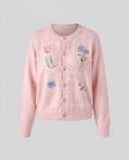 Ladies short-cut fine knit cardigan with floral embroidery and round neck Fashion Glam
