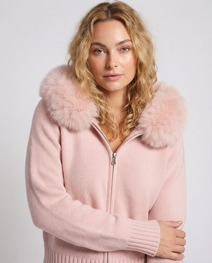 Women's Short Wool Cardigan with Zipper and Removable Fur Trim on the Hood Fashion Glam