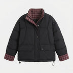 Women's short padded boxy blouson with checked lining, high collar and patch flap pockets