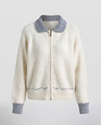 Women's short teddy cardigan with zipper, contrast collar and ribbed cuffs Fashion Glam