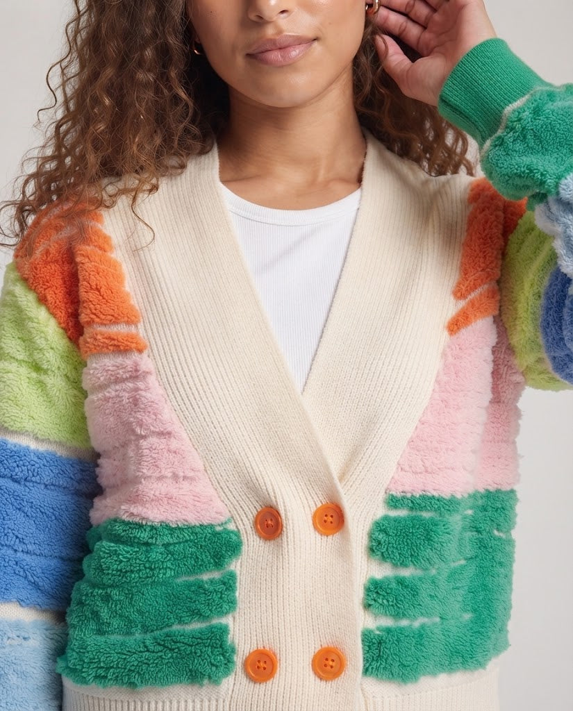 Women's short-cut boucle cardigan with contrasting block stripes and deep V-neckline Fashion Glam