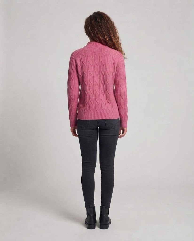Ladies fine knit sweater with cable pattern and stand-up collar Fashion Glam