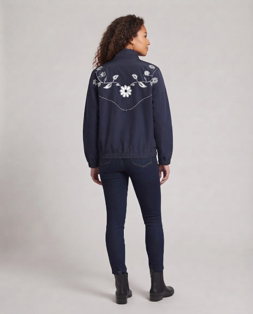 Women's Embroidered Lightweight Transitional Jacket with Zipper and Flower Detail Fashion Glam