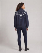 Women's Embroidered Lightweight Transitional Jacket with Zipper and Flower Detail Fashion Glam