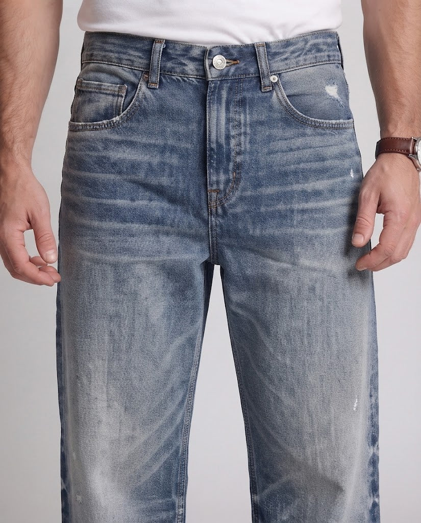 Men's extremely wide cut vintage denim baggy jeans with extended hem fashion glam