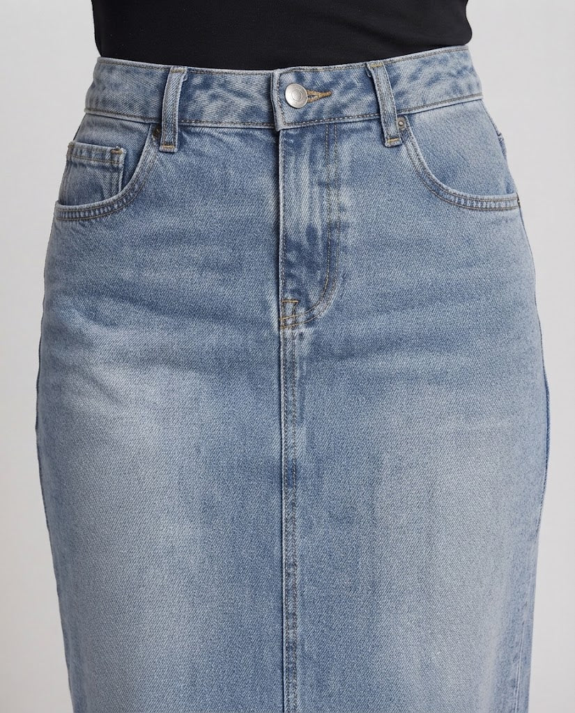 Women High-Waisted Denim Midi Skirt with Raw Hem and Straight Cut Fashion Glam