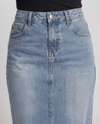 Women High-Waisted Denim Midi Skirt with Raw Hem and Straight Cut Fashion Glam