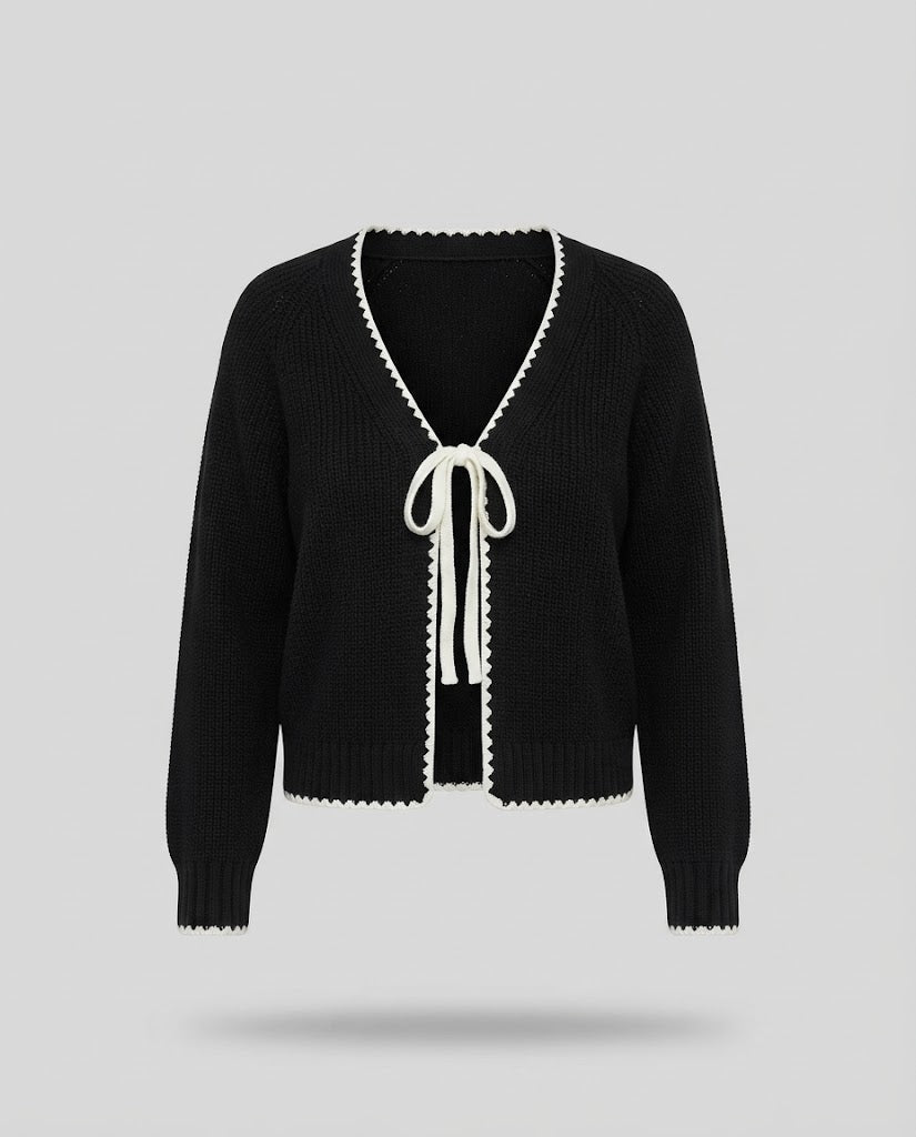 Women's short cardigan in boxy cut with crochet edge and decorative bow Fashion Glam