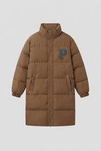 Women's longer boxy thermo puffer with high stand-up collar, college patch, and noise-reducing outer shell