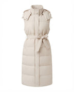 Ladies long cut padded sleeveless coat with hood, tie belt and side zip slits