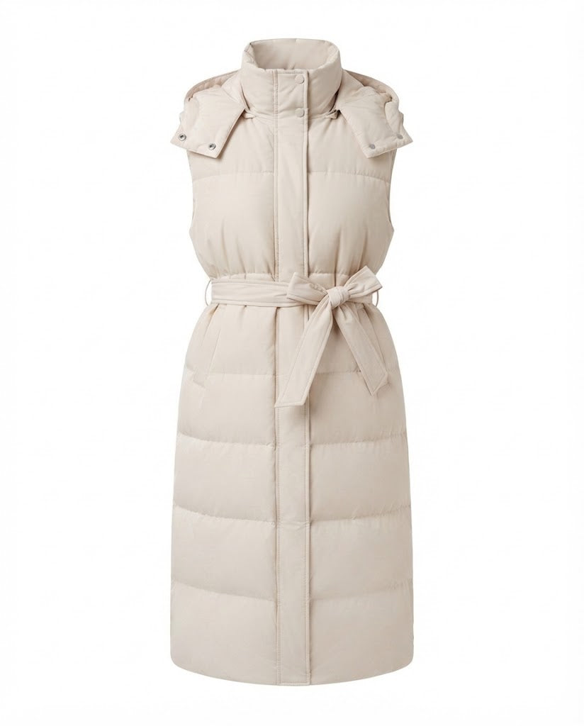 Ladies long cut padded sleeveless coat with hood, tie belt and side zip slits