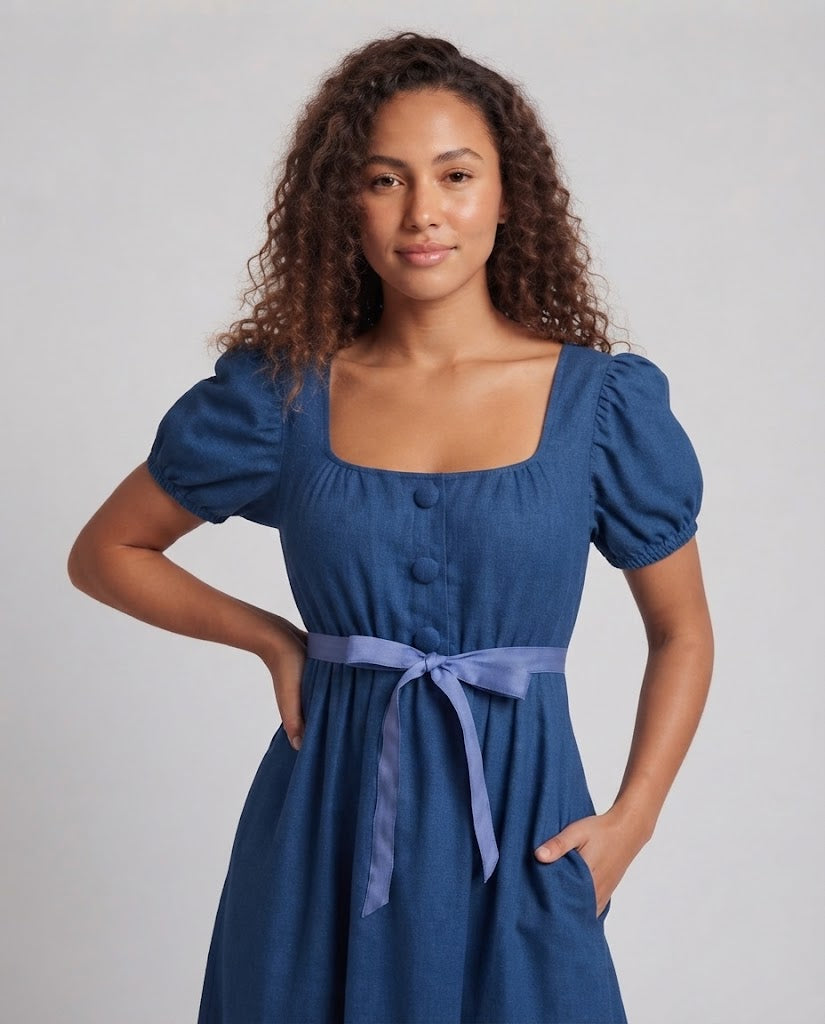Women Elegant Maxi Dress with Puff Sleeves and Waistband Fashion Glam