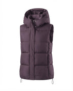 Women’s nano ultra-light insulation vest with voluminous hood, concealed two-way front and adjustable hem